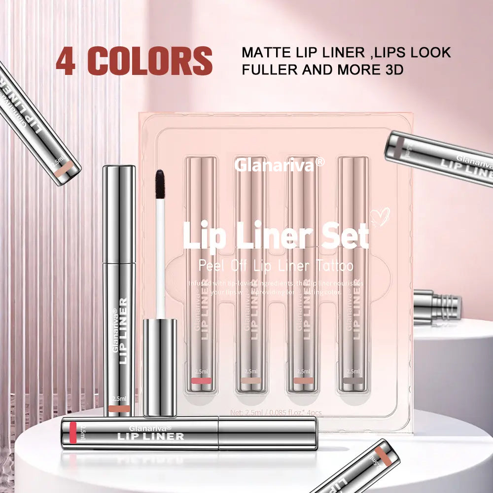 👄 Glanariva® 4-Piece Peel-Off Lip Liner Stain Set – Waterproof Matte Lip Tint, Long-Lasting 24H, Smudge-Proof Nude Shades